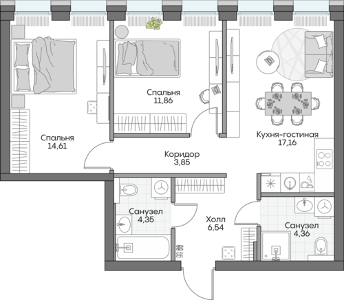 Планировка двухкомнатная № 103 Дома INSIDER