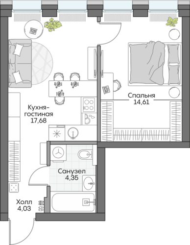 Планировка однокомнатная № 140 Дома ИНСАЙДЕР