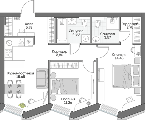 Планировка двухкомнатная № 215 Дома ИНСАЙДЕР