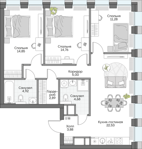 Планировка трёхкомнатная № 378 Дома ИНСАЙДЕР