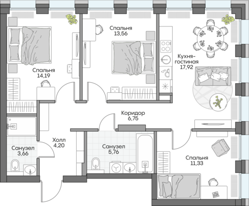Планировка трёхкомнатная № 531 Дома INSIDER