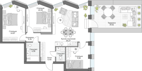 Планировка трёхкомнатная № 699 Дома ИНСАЙДЕР