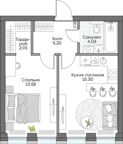 Планировка однокомнатная № 718 Дома ИНСАЙДЕР