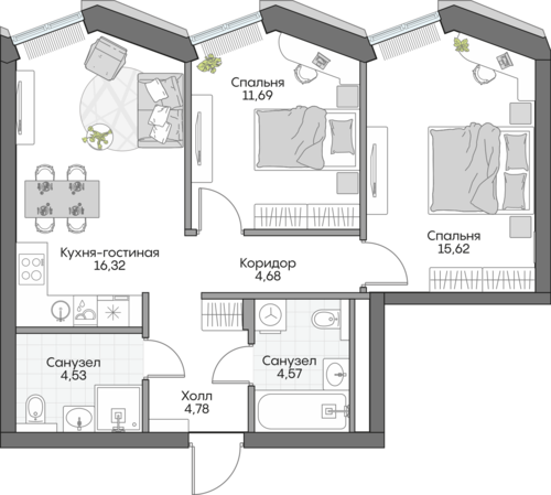 Планировка двухкомнатная № 746 Дома ИНСАЙДЕР