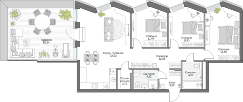 Планировка трёхкомнатная № 786 Дома ИНСАЙДЕР